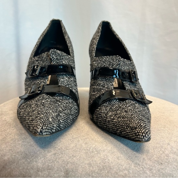 Manolo Blahnik Coupe tweed heels bootie black white patent leather buckle 41 - Picture 6 of 12